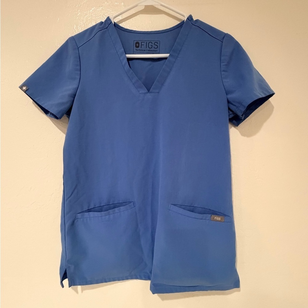 Figs Blue Casma V-Neck Short Sleeve Front Pockets Women's Scrub Top size XXS